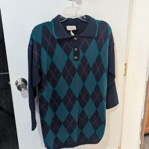 Elegant Argyle Knit Sweater - Navy and Teal